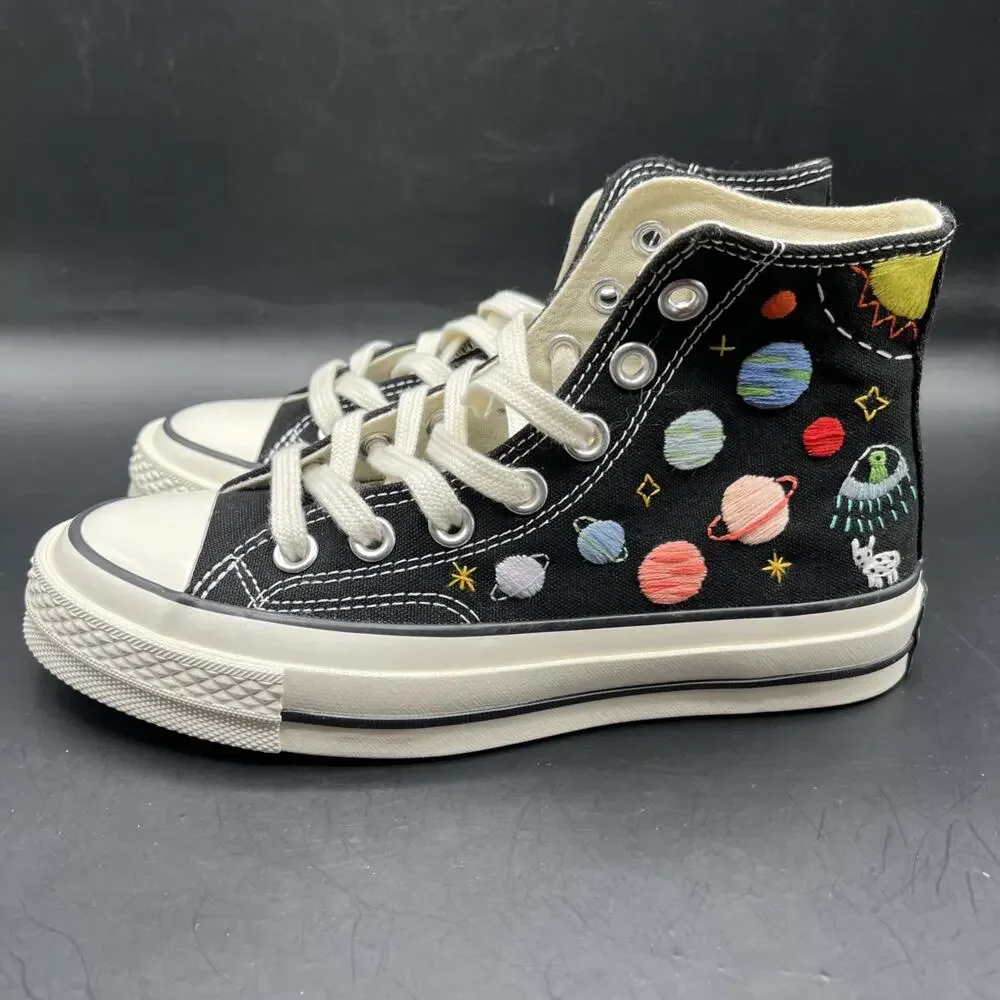 Converse Shoes Youth Sz M 3 Chuck Taylor Black Custom Embroidered Solar System